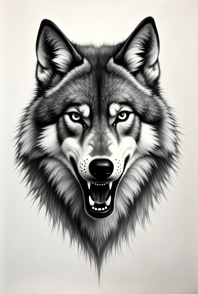 Create another black and white pointillism tattoo of a wolf face split in half like porcelain, one part serious and the other part growling in micro realism