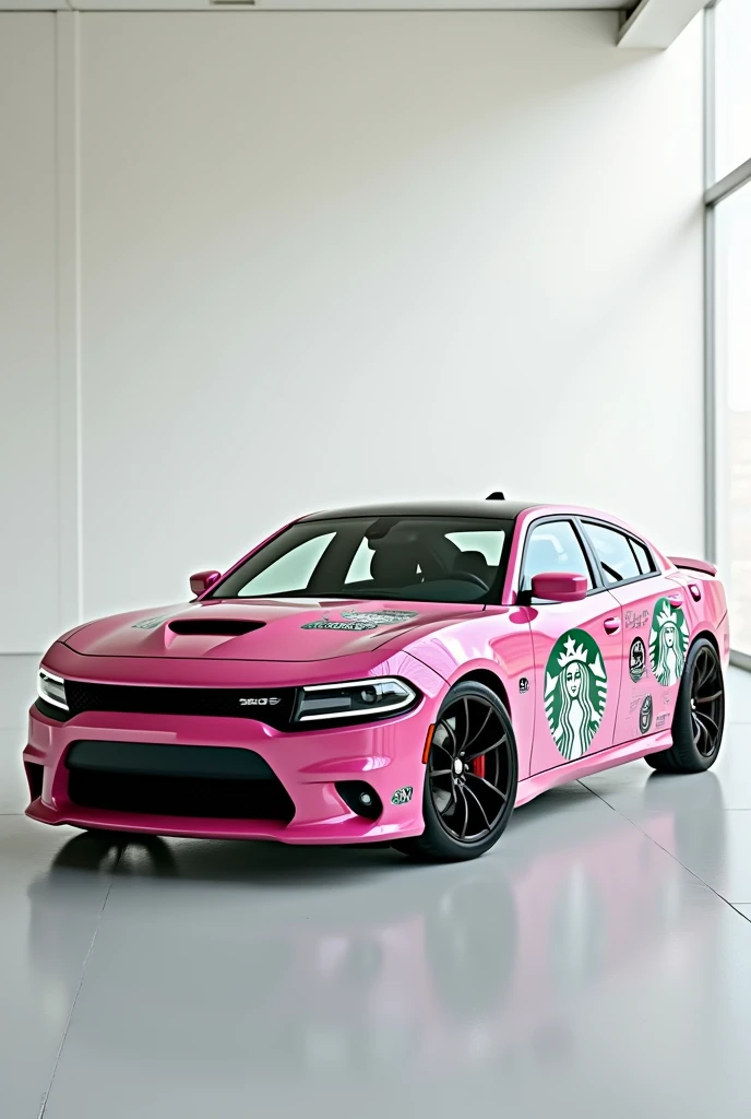 A 2023 dodge charger with a pink starbucks wrap