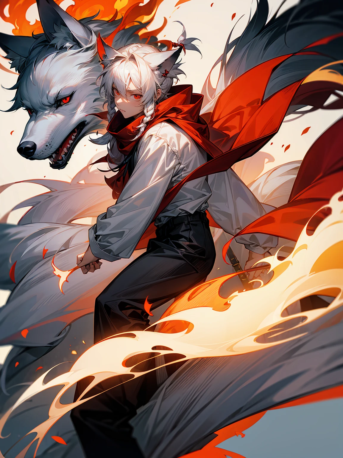 1male, Adult, Long White Hair, White Baggy Long Sleeve Shirt, Baggy Black Pants, Red Eyes, Red Scarf, Earring, Masculine, Dog Ears, Surrounded By Flames, Wolf, Single Hair Braid