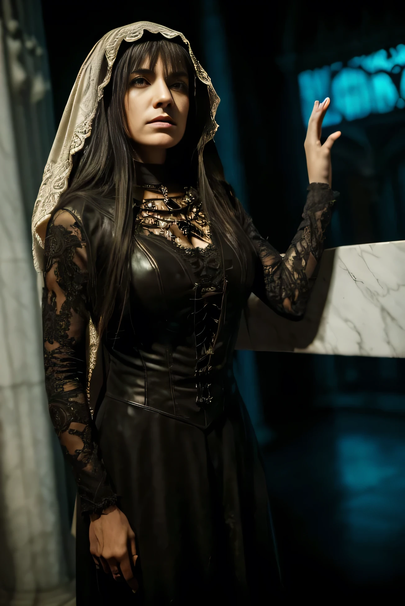 a beautiful woman, santa muerte, spread arms, extremely detailed, masterpiece, 8k, photorealistic, cinematic lighting, dark fantasy, dramatic, chiaroscuro, moody, gothic, intricate details, porcelain skin, piercing eyes, flowing hair, ornate jewelry, flowing dress, dramatic pose, dark background, dramatic lighting, muted color palette, dramatic shadows, immersive background