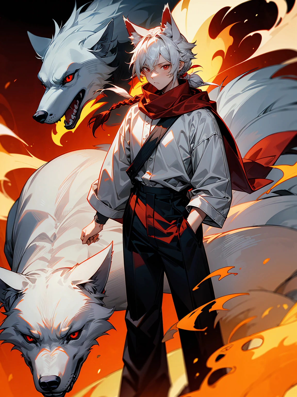 1male, Adult, Long White Hair, White Baggy Long Sleeve Shirt, Baggy Black Pants, Red Eyes, Red Scarf, Earring, Masculine, Dog Ears, Surrounded By Flames, Wolf, Single Hair Braid