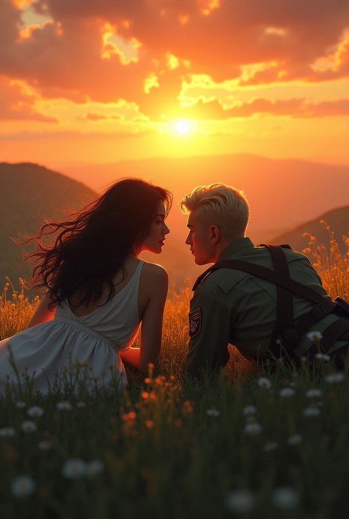 create an image of a sunset on top of a hill with a woman with long dark hair and a strong military soldier with blond hair lying on the grass watching the sunset 
