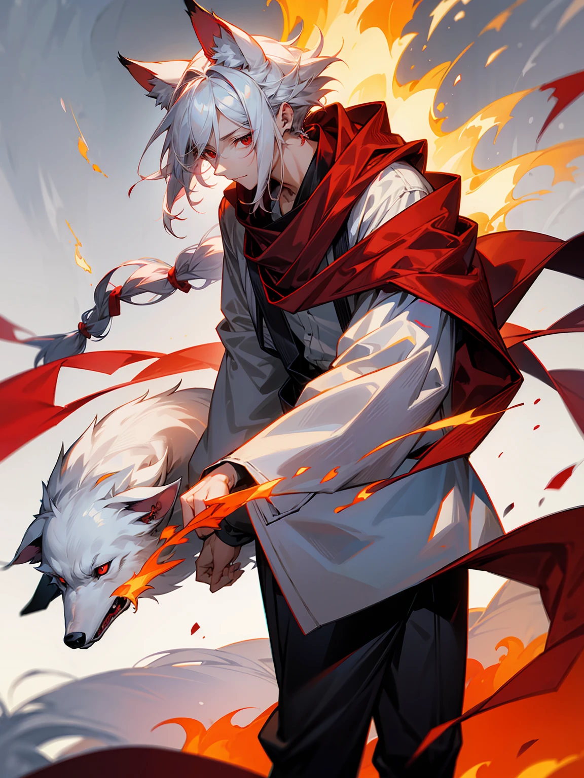 1male, Adult, Long White Hair, White Baggy Long Sleeve Shirt, Baggy Black Pants, Red Eyes, Red Scarf, Earring, Masculine, Dog Ears, Surrounded By Flames, Wolf, Single Hair Braid