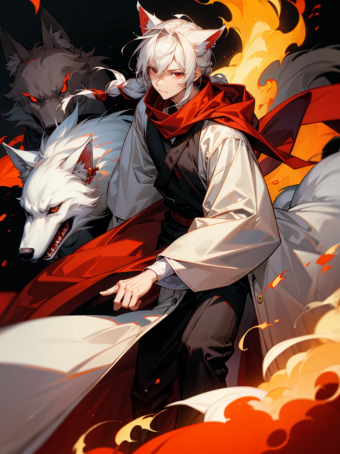 1male, Adult, Long White Hair, White Baggy Long Sleeve Shirt, Baggy Black Pants, Red Eyes, Red Scarf, Earring, Masculine, Dog Ears, Surrounded By Flames, Wolf, Single Hair Braid