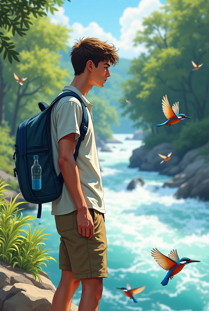 Summer clothing。Male college student。See vibrant kingfishers on the river。A pouch worn around the neck。There is a large empty plastic bottle in the pouch.。A deep, fast-flowing river。