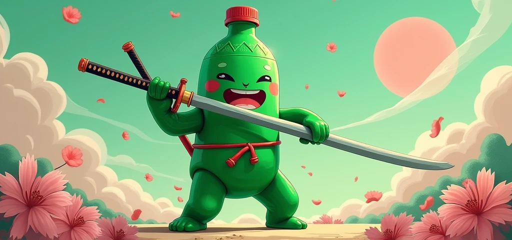  green pet bottle with human features, dollynho shinigami soda mascot with a katana
