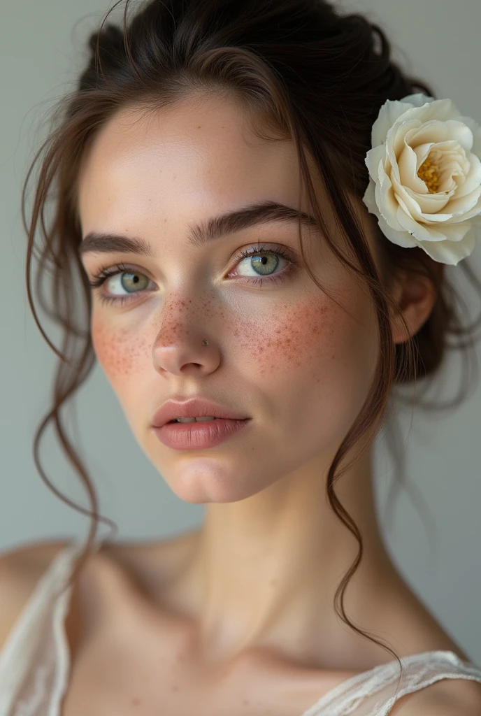 Profesional photoshoot of beauty shoot o model with flower in hair, freackles, close up, high end retouch, photo raw, studio light, white back, ultrasharp, hyperornate, Tamara Williams style photography
