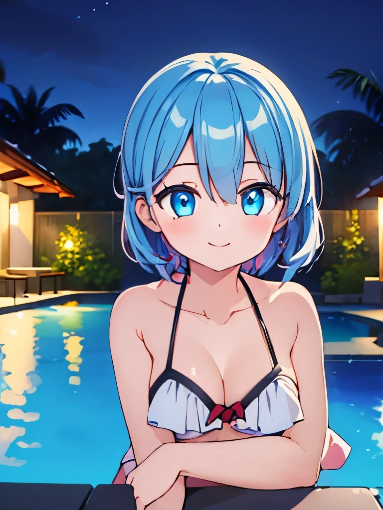 ((masterpiece)), ((best quality)), (ultra-detailed), pool, night, a cute girl, 1girl, solo, bikini, ((beautiful eyes)), smile, beautiful blue hair