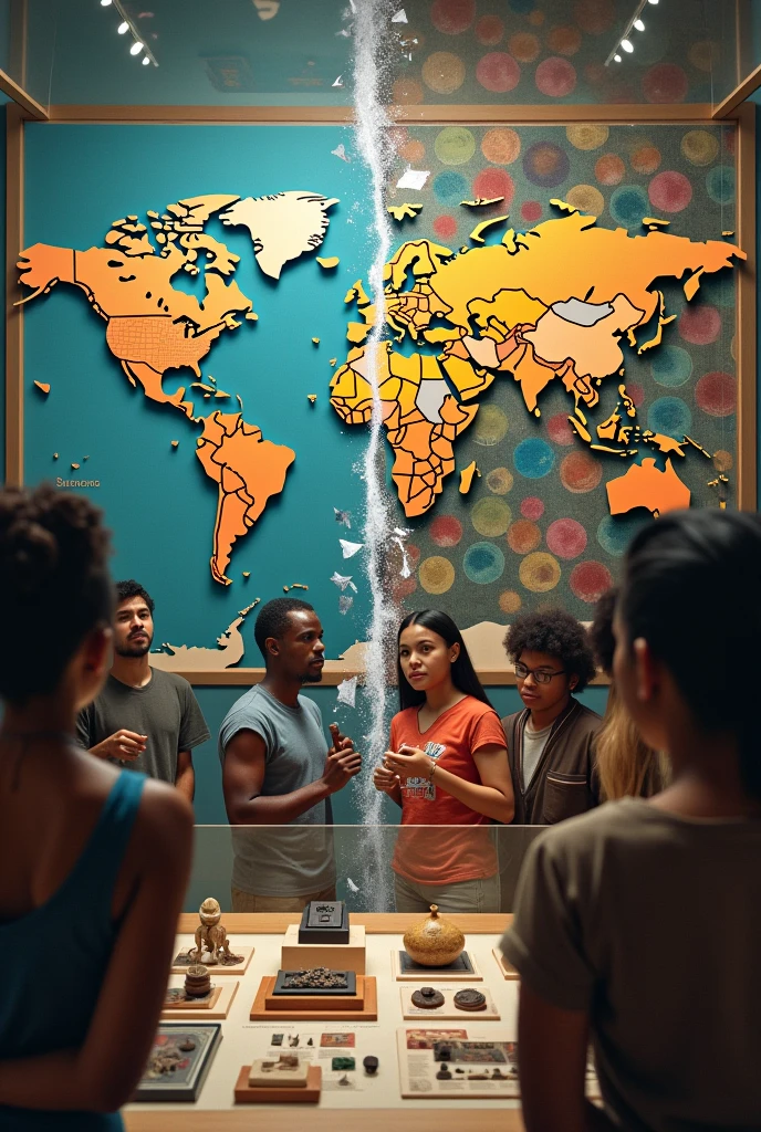 Part 1: The Colonial Museum Image Center: An imposing glass display case, representing the traditional museum institution.
Inside the Showcase: Objects from different non-European cultures arranged in a decontextualized manner, as if they were study specimens.
Image Background: A world map with Europe highlighted, illustrating the Eurocentric view.
colors: Cold and sober tones, conveying the coldness of the colonial perspective.
Part 2: Decolonizing the Image Center Museum: People from different cultures actively interacting with objects, participating in the construction of the narrative.
The Objects: Presented with full contextual information, respecting their original meanings.
Image Background: A mosaic of colors and textures representing cultural diversity.
colors: Vibrant and warm tones, conveying the richness and vitality of the cultures represented.
Connection Elements:
Shards of glass from the display window in the first part blending into the scene in the second part, symbolizing the break with the colonial perspective.
A pair of eyes present on both sides, but with different looks: in the first part, a cold and distant look; in the second part, a curious and respectful look.