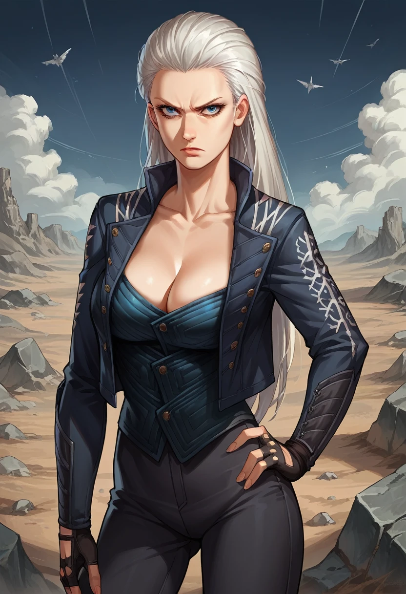score_9, score_8_up, score_7_up, source_anime, 1girl, solo, female focus, dmc5vergil, white hair, long hair, blue eyes, cleavage, fingerless gloves, pants, standing, slight smile, hand on hip,looking at you, wasteland, gray landscape, desolated, gray plain,