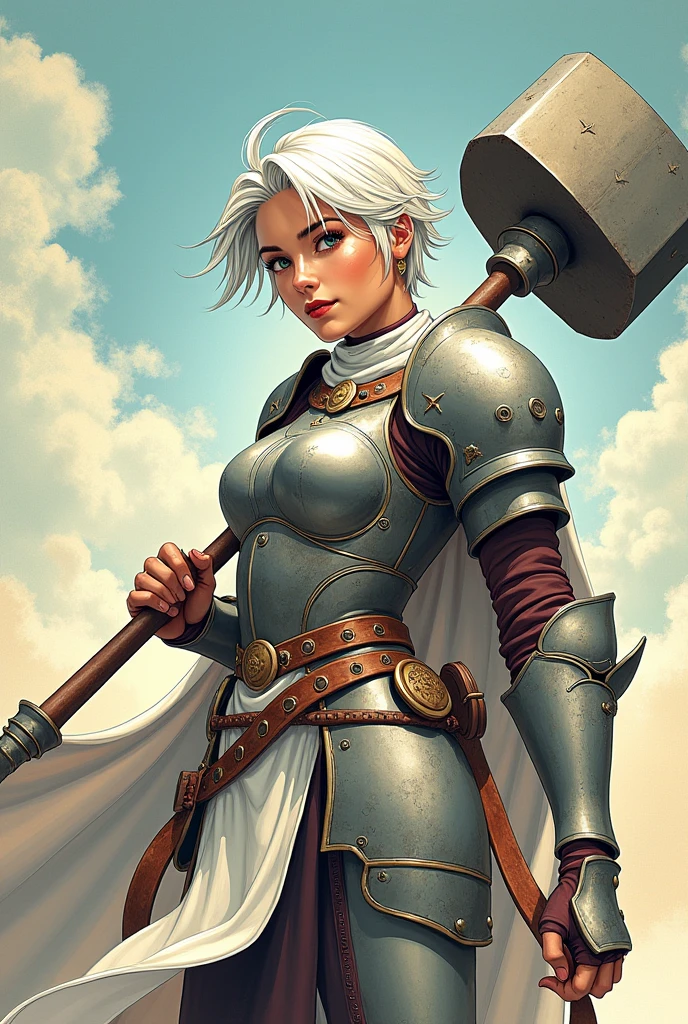 Create a female cleric with short white hair. She wears light armor that allows for mobility, holding a heavy iron mace as her weapon. The character has a serene but determined expression, with an aura of divine power. The style is inspired by traditional comic book art, featuring bold lines, simplified shading, and vibrant colors. Her armor is detailed but not overly realistic, fitting the classic comic book aesthetic. The background is minimal, drawing attention to the character's holy presence and strength