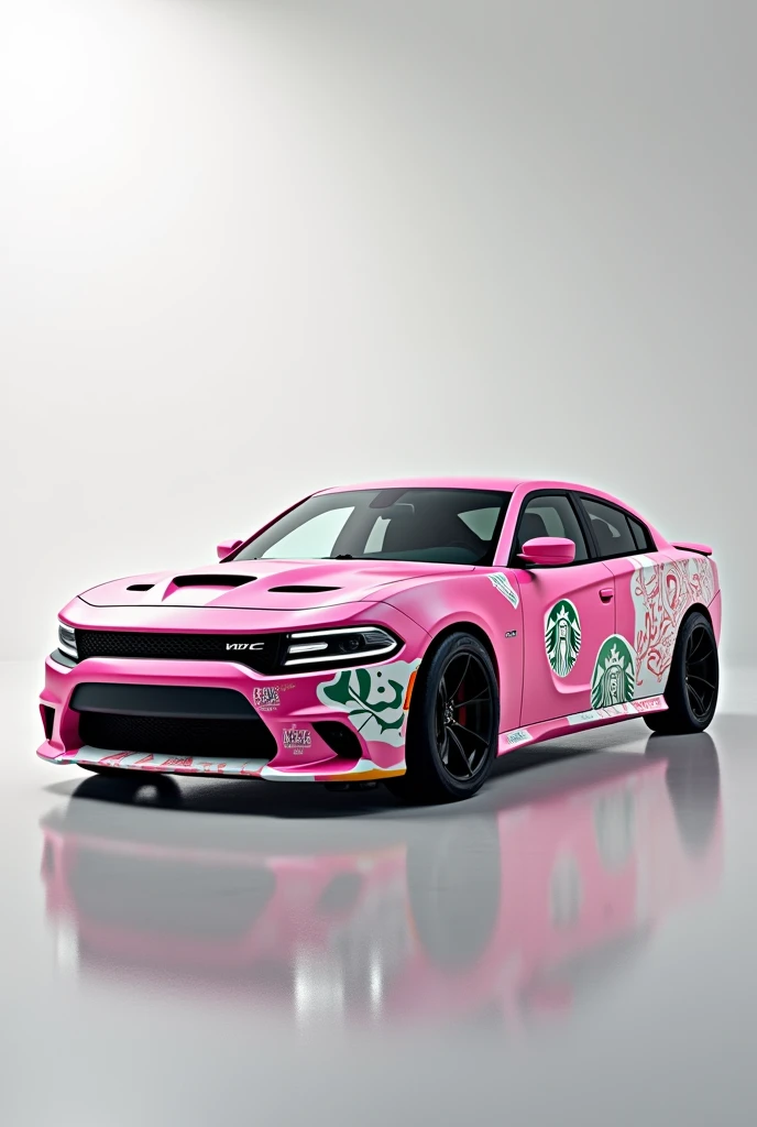 A 2023 dodge charger with a pink starbucks wrap