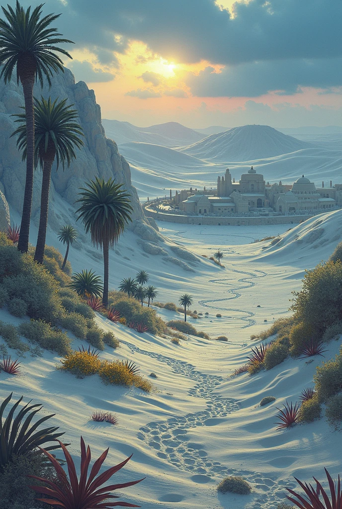 Vast desert landscape, rolling sand dunes, warm golden color of the sand, early morning light casting long shadows, the sun rising over the horizon, sky transitioning from dark blue to shades of pink and orange, small oasis in the distance, palm trees around the oasis, a few scattered desert flowers in bloom, peaceful and serene atmosphere, a sense of tranquility and solitude, desert tribe’s adobe-style houses with domed roofs visible in the distance, wind towers on some houses for natural ventilation, no people visible to emphasize the untouched natural beauty.