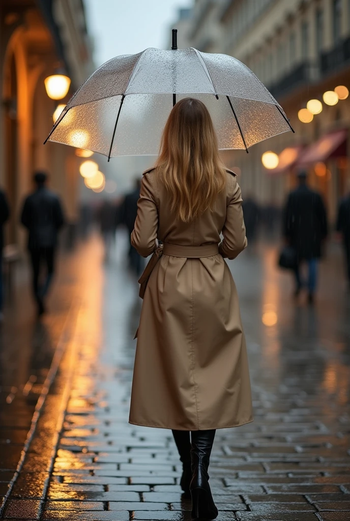 Blonde model wearing a beige trench coat, walking in the rain with an umbrella, Facing the camera, on a cobbled avenue, city lights reflected on wet ground