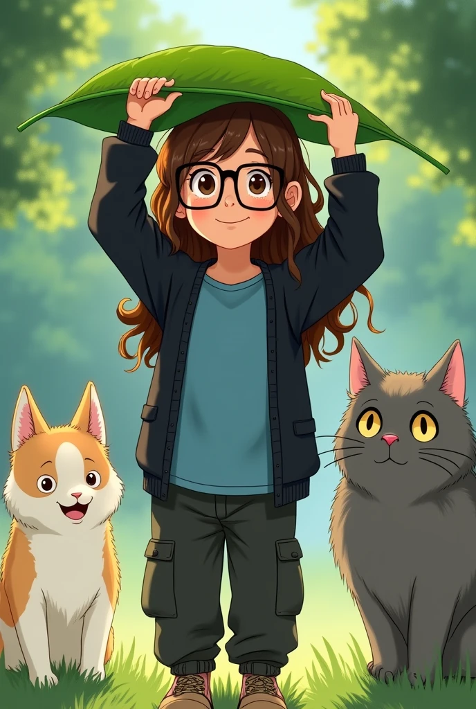 A young girl with brown long and curly hair, brown eyes, wearing a big smile wearing square prescription glasses, a black cargo pants and a blue t-shirt and a black cardigan, holding a big leaf over their head, standing next to white and cream dog of the breed border collie. Standing between the dog and the girl is a gray fluffy cat with yellow eyes. The background is a light green. The style of the scene is inspired by the movie My Neighbor Totoro.