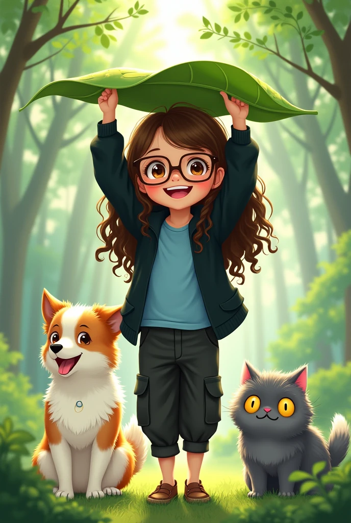 A young girl with brown long and curly hair, brown eyes, wearing a big smile wearing square prescription glasses, a black cargo pants and a blue t-shirt and a black cardigan, holding a big leaf over their head, standing next to white and cream dog of the breed border collie. Standing between the dog and the girl is a gray fluffy cat with yellow eyes. The background is a light green. The style of the scene is inspired by the movie My Neighbor Totoro.