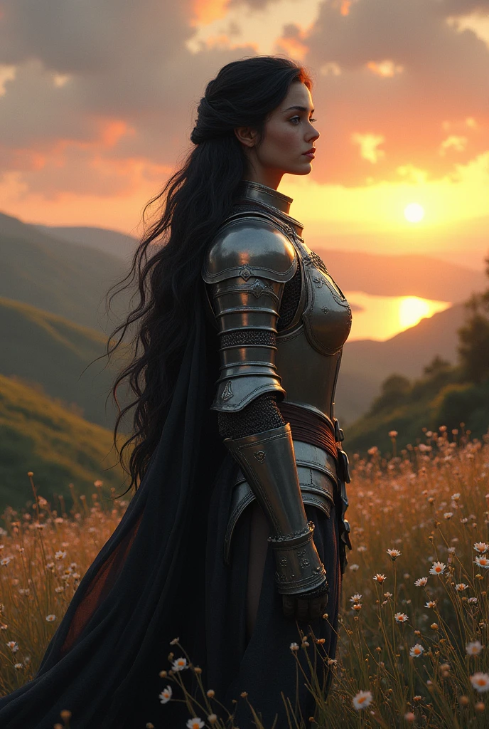 woman with black hair in knight armor, solitude, peaceful evening landscape