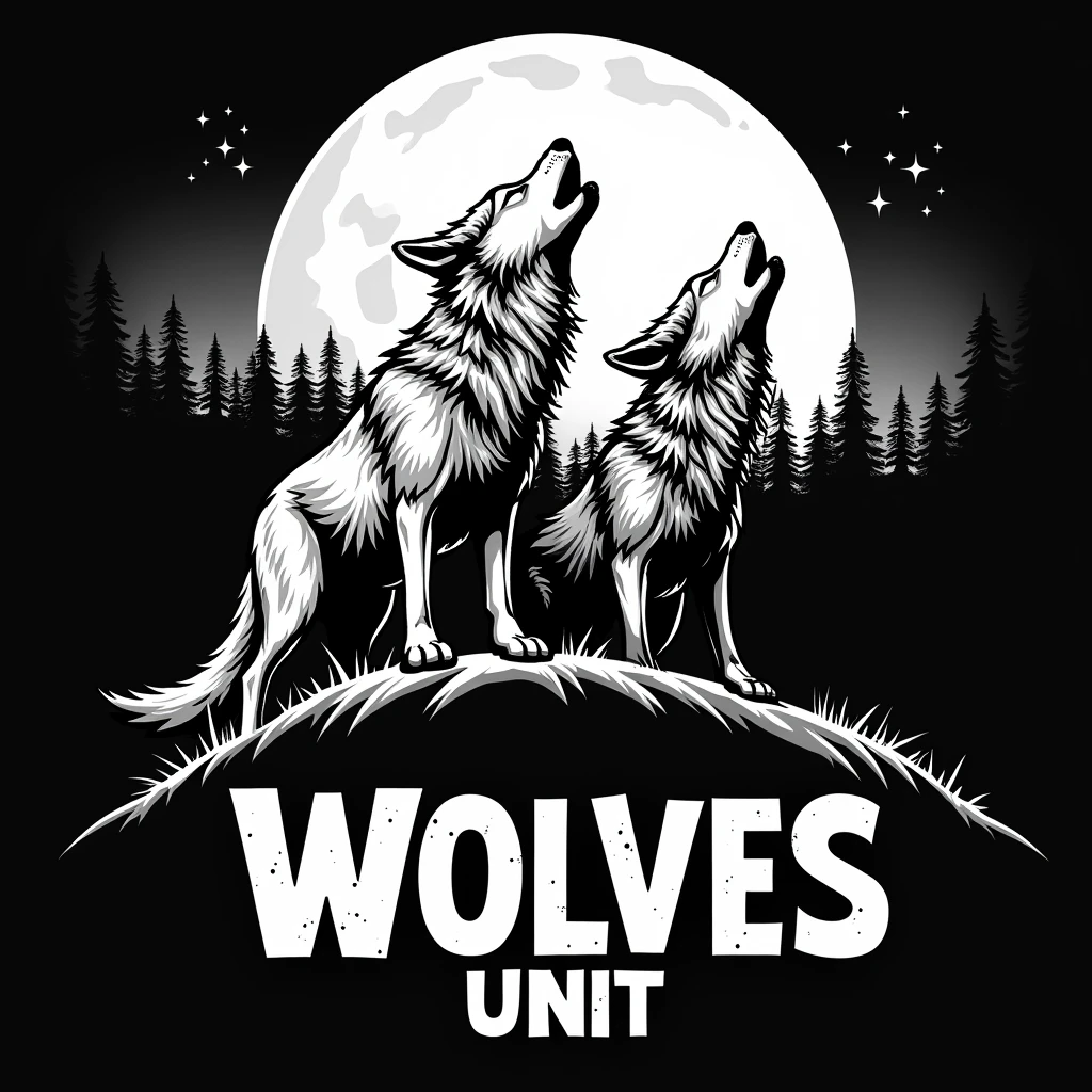 Create a logo for me with 3 wolves howling on top of a hill with a forest and moon in the background. with the name "wolves" below the wolves and the name "Unit" below the name wolves, with black and white as the main color