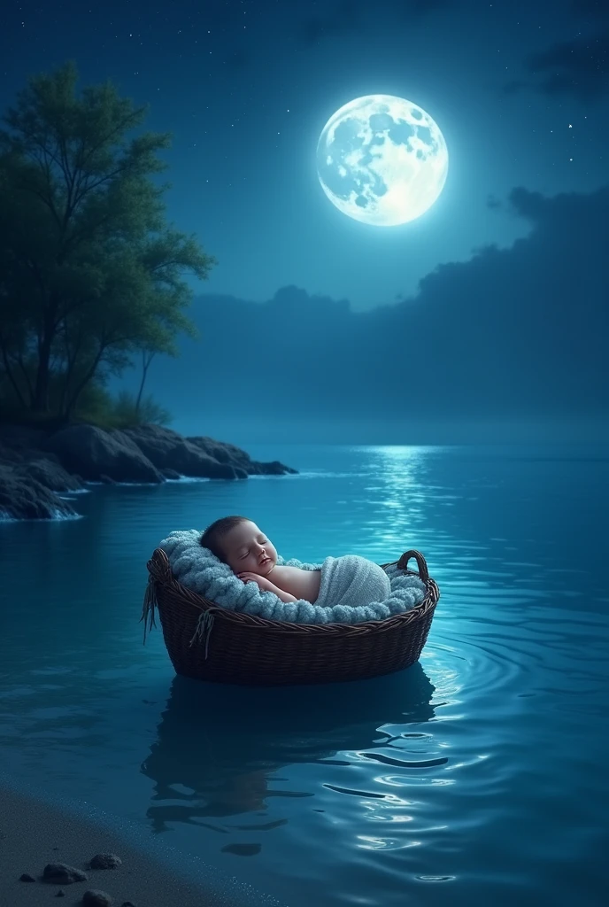 High quality image of blue sea at night time,  in the sea there is new  placed in decorated wood  basket. The body of the baby covefrom head to foot. Near the seashore there is trees. The sky is blue. Big white moon. Small stars in the sky 