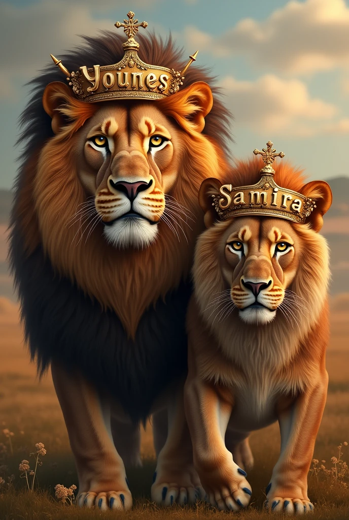 The lion with the word shiny "Younes" in his crown, and his wife with the shiny word "SAMIRA" printed in her crown.