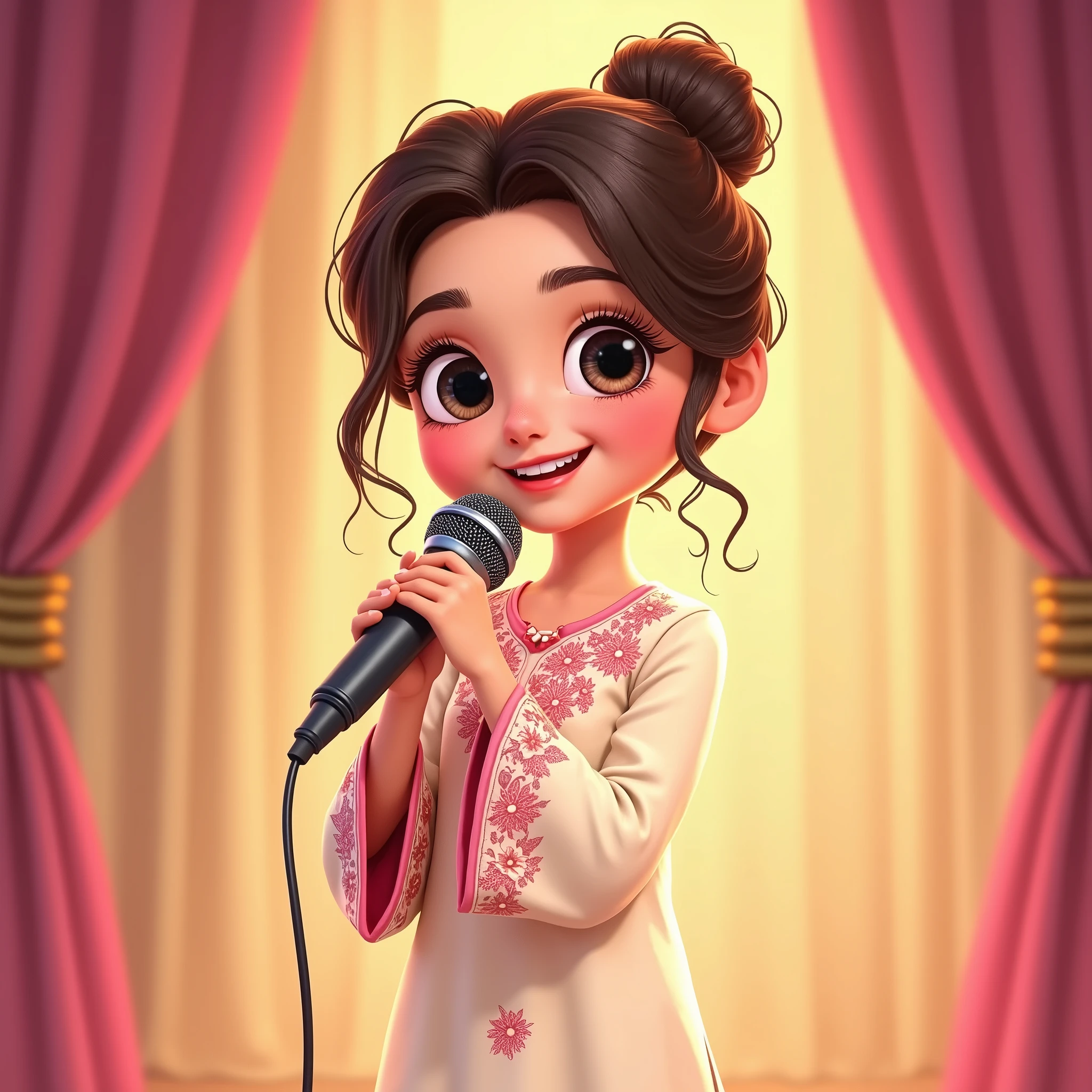 Lily, (highest quality, 4k, masterpiece:1.3), A young Pakistani Muslim girl wearing a traditional cream shalwar kameez with pink floral embroidery, her hair styled in a neat bun with loose strands framing her face. A close-up of her face, smiling and looking directly at the camera, holding a microphone close to her mouth. The image is in a 2D animation style, with bright colors, cartoonish features, and soft, smooth shading. The background shows soft curtains, warm stage lighting, and a playful, joyful atmosphere. Clear outlines, simple textures, and an illustrated, digital painting look. (Cream shalwar kameez, pink floral embroidery, consistent outfit:1.3), (same hairstyle as before:1.3), (microphone close to mouth:1.3), (microphone always visible:1.3)