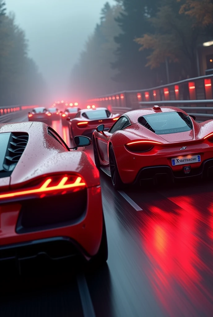 A scene of sports cars in a rally, red lighting, but not so much, I want cars like Lamborghini, Pagani, porsche, bugatti, ferrari, Koenigsegg and McLaren. Image with dimensions 512 x 800
