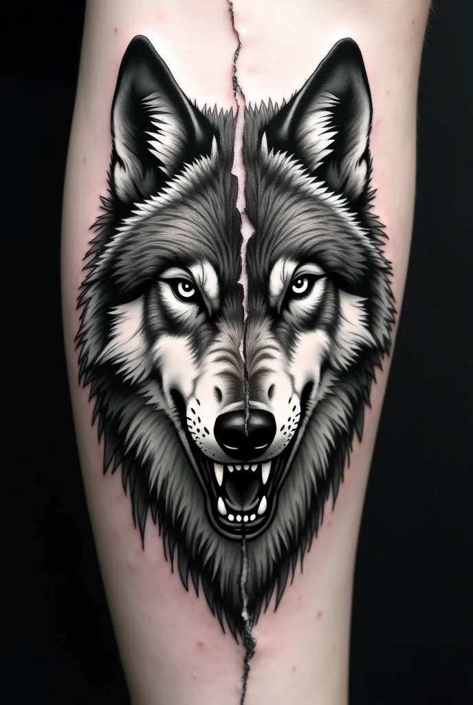 Create another black and white pointillism tattoo of a wolf face split in half and separated with a crack like broken porcelain, one part serious and the other part growling in micro realism 