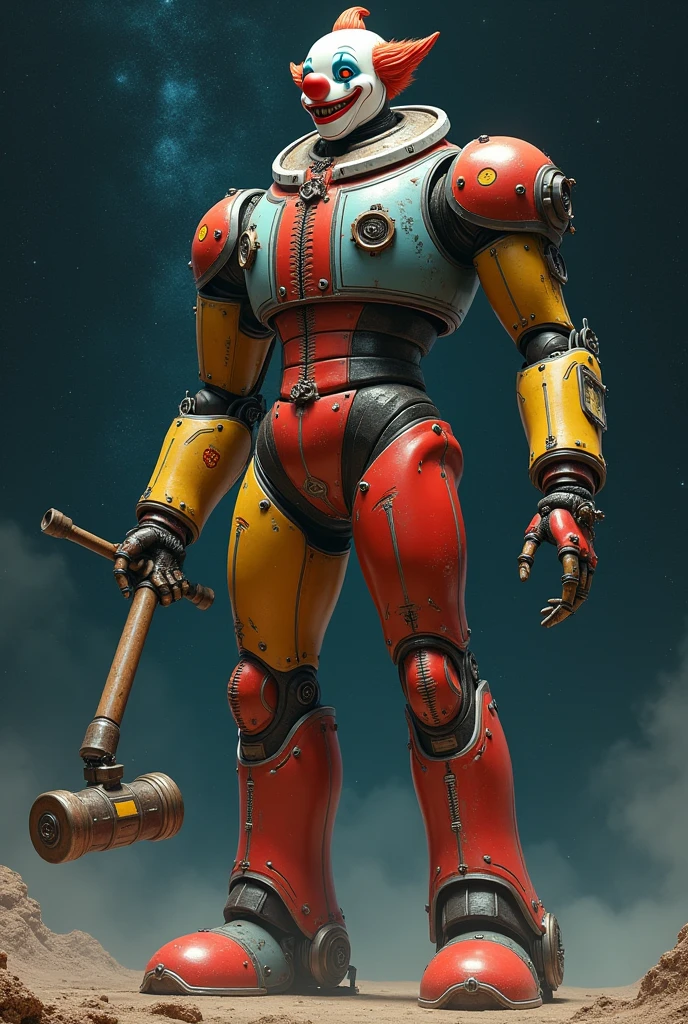 Giant clown mech floating in space while holding a giant toy hammer that squeaks.