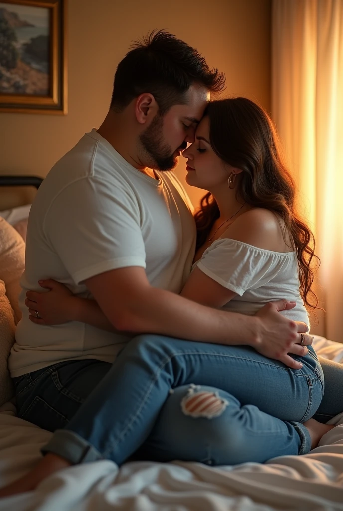 Sexy 21 years young boy ((boy)) smooching naughty 55 years mature busty fat mom woman ((mother)), kiss , bedroom, Infront of daughter, full body