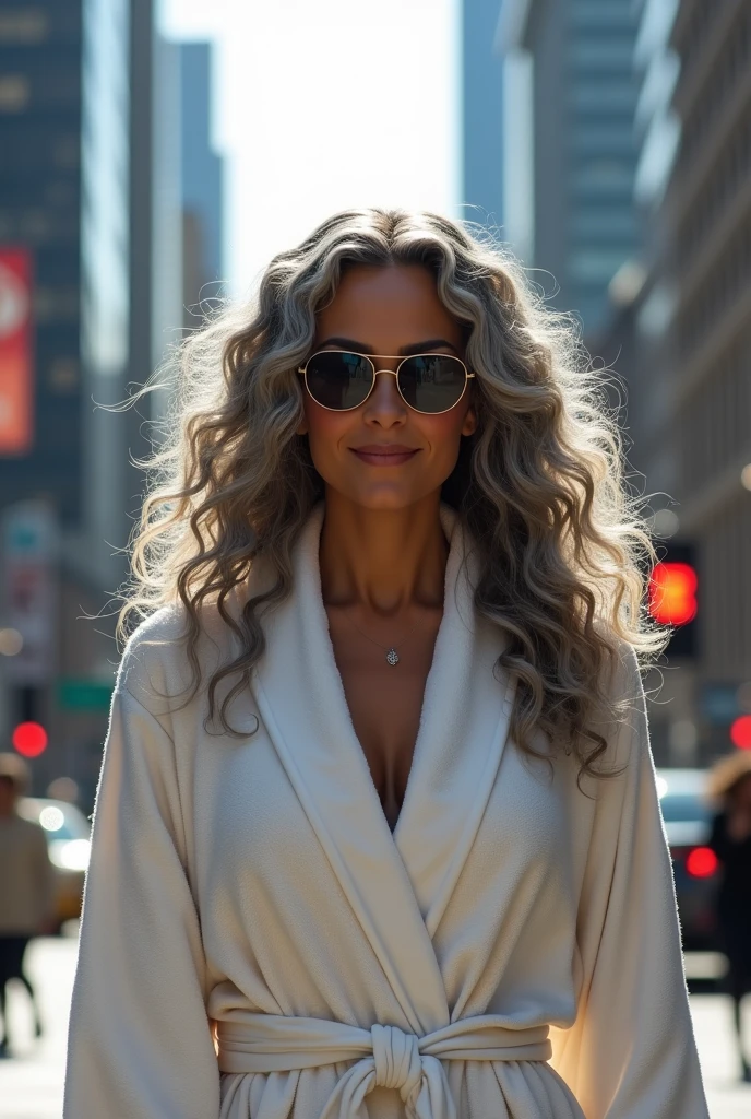 A beautiful youthful looking Hispanic version of Ariana Grande as a 50 years old woman with long her completely gray hair in a big curls styles as the superhero Daisy Johnson from Agents of
S.H.I.E.L.D with blue eyes wearing sunglass wearing a bathrobe in a city downtown with many skyscraper nearby she is smiling for the camera