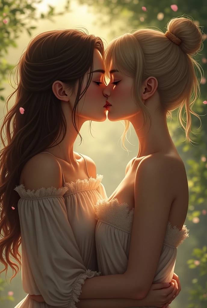 Beautiful long-haired woman kisses her tomboy girlfriend with very short hair similar to a man's cut