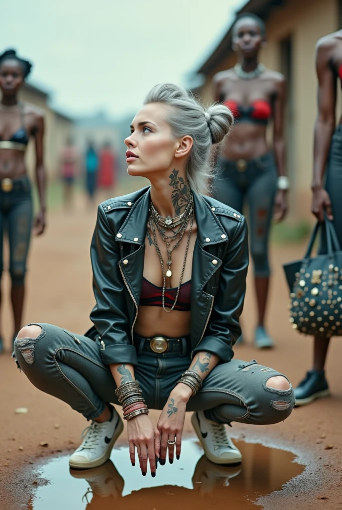 russian milf woman, grey hair (middle part, shaved sides, ponytail) and oversize colourful bandana as headband, with very light blue eyes, extremely pale. Wearing cropped black cracked moto jacket with lots of zippers and pins, black push up bra with white seams, dark skinny blue jeans with holes in knees. Dirty white tennis sneakers . Studded Choker. Lots of metallic bracelets and colourful collars. Tacky wide studded leather belt with oversized skull and bones buckle. Long bohemian earrings with feathers. Squatting like in a payer, looking at the camera. Shy, humble facial expression. Hands on her knees, studded black leather tote bag with chains next to her Listening in amazement to somebody speaking to her, Toned abdominals, thin neck, slim legs and thin arms. Chest, neck and hands tattoed heavily. Dirt road in Kenia village, crowded with shirtless men in jeans. next to her, coins , mobile, lipstick, makeup kit and sunglasses and all her belongings scattered on the floor