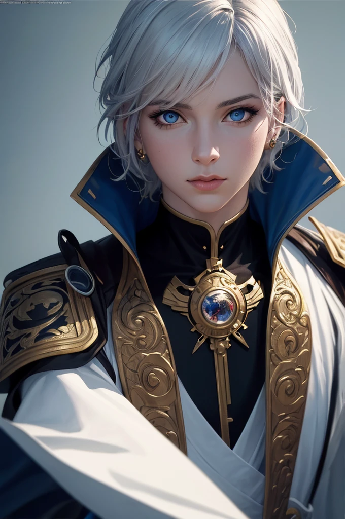 a tall anime man with short silver hair and blue eyes, wearing a suit and a white and blue cape holding a sword, male anime character, beautiful androgynous prince, official art, key anime art, (best quality, 4k, 8k, highres, masterpiece:1.2), ultra-detailed, (realistic, photorealistic, photo-realistic:1.37), highly detailed facial features, extremely detailed eyes and face, detailed clothing, beautifully shaded, dramatic lighting, cinematic composition, vibrant colors, digital painting, anime style, dynamic pose, intricate details, ornate design, simple light-colored background,