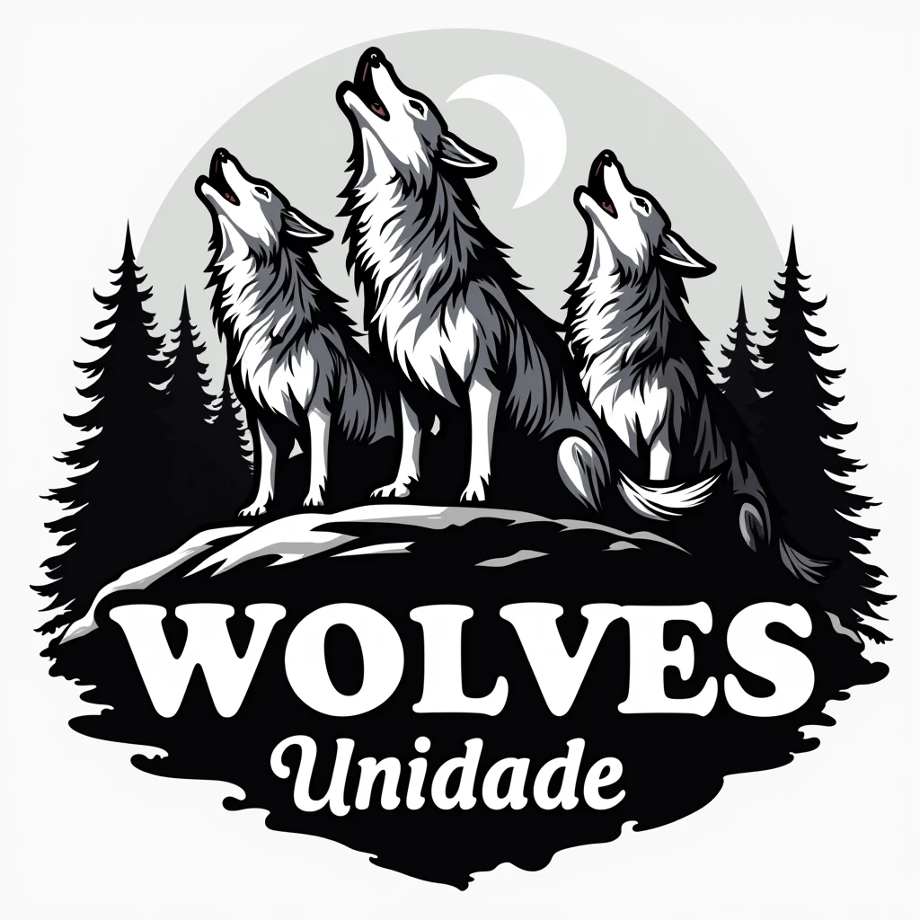 Create a logo for me with 3 wolves howling on top of a hill with a forest and moon in the background. with the name "wolves" below the wolves and the name "Unidade" below the name wolves, with black and white as the main color