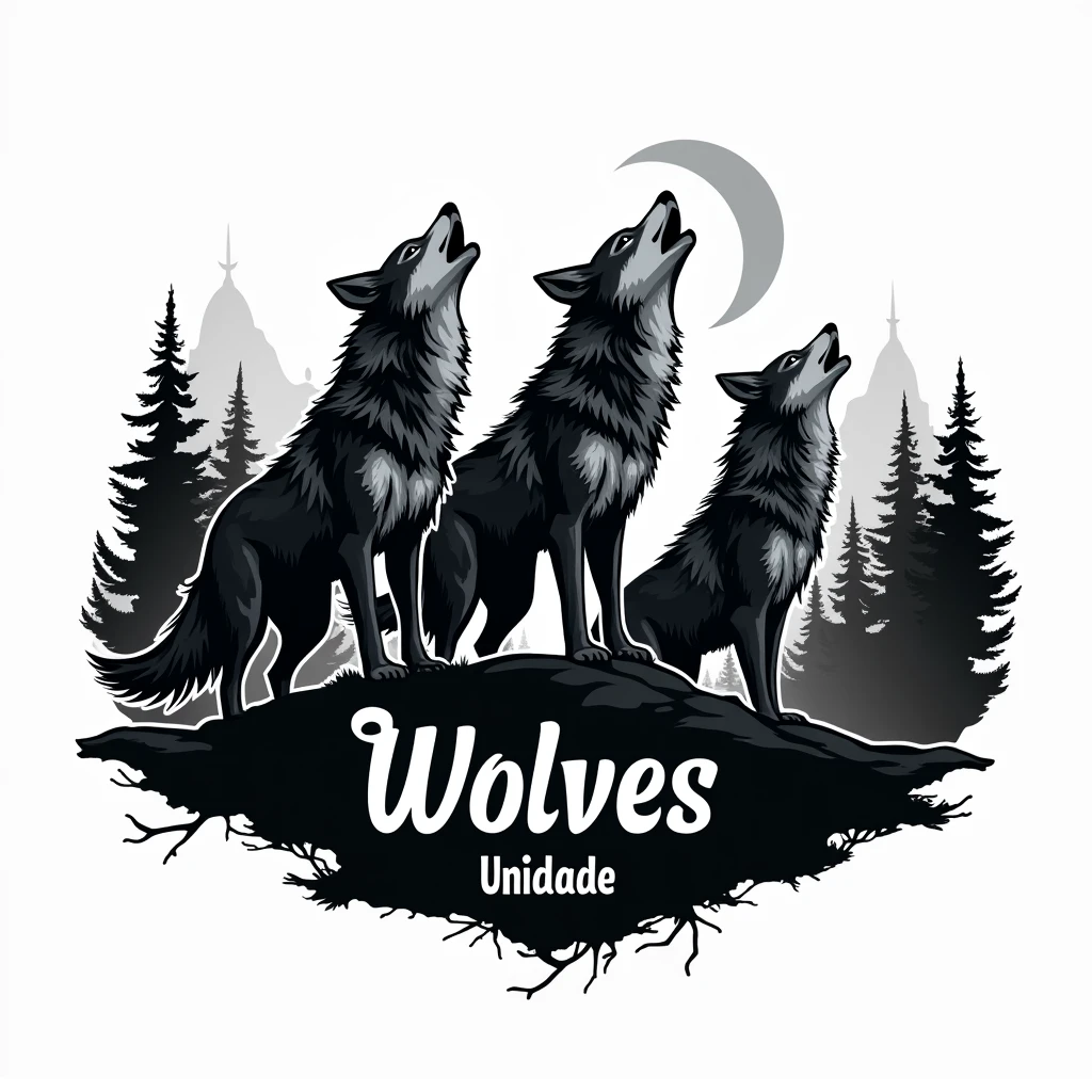 Create a logo for me with 3 wolves howling on top of a hill with a forest and moon in the background. with the name "wolves" below the wolves and the name "Unidade" below the name wolves, with black and white as the main color