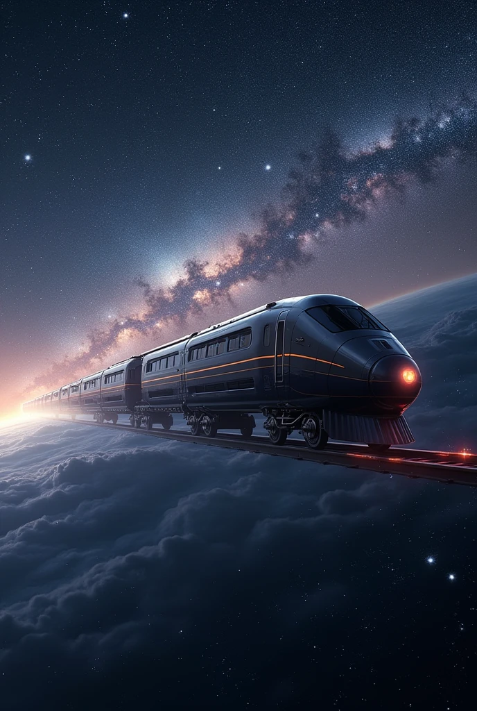 Train-shaped spaceship,10-car train,(Beautiful aircraft:2.0),(The background is outer space and the Milky Way:1.6),masterpiece,Highest quality,Ultra-high resolution,(Super detailed),8k,Realistic,Best aesthetics,beautiful,(dynamic)