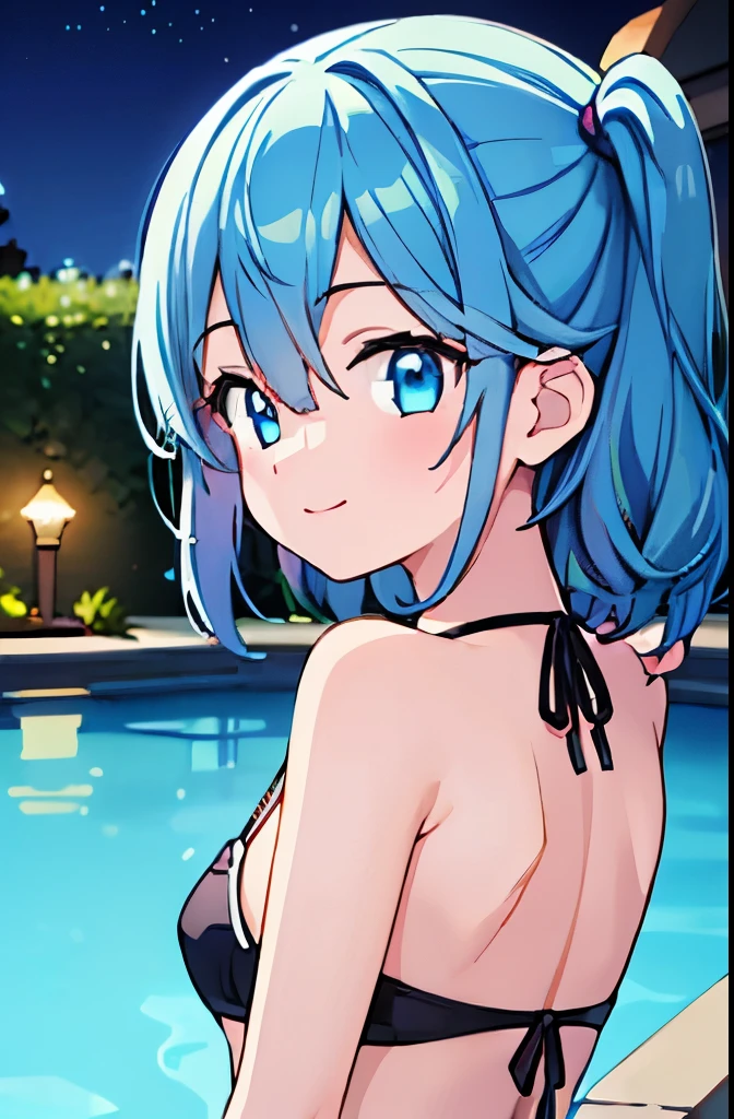 ((masterpiece)), ((best quality)), (ultra-detailed), pool, night, a cute girl, 1girl, solo, bikini, ((beautiful eyes)), smile, beautiful blue hair