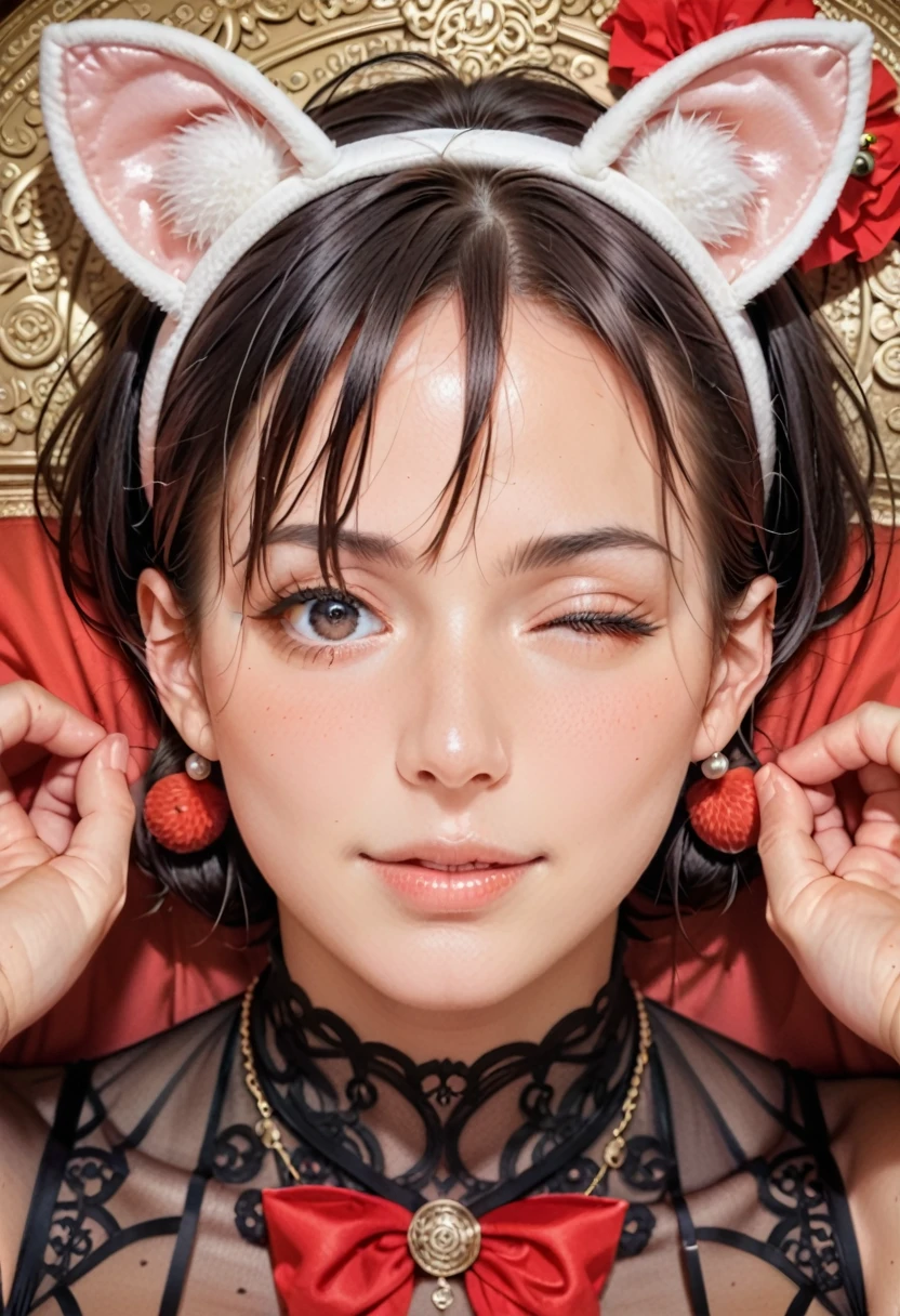 A BEAUTIFUL WOMAN AND MAN, black hair, hair bobbles, wince, longeyelashes, solid circle eyes, fake animal ears, light smile, ear blush, fang, ccurate, Surrealism, drop shadow, anaglyph, stereogram, tachi-e, pov, atmospheric perspective, 8k, super detail, best quality