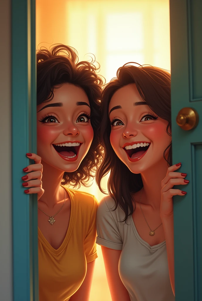 Girls taking a photo of something behind a door while laughing