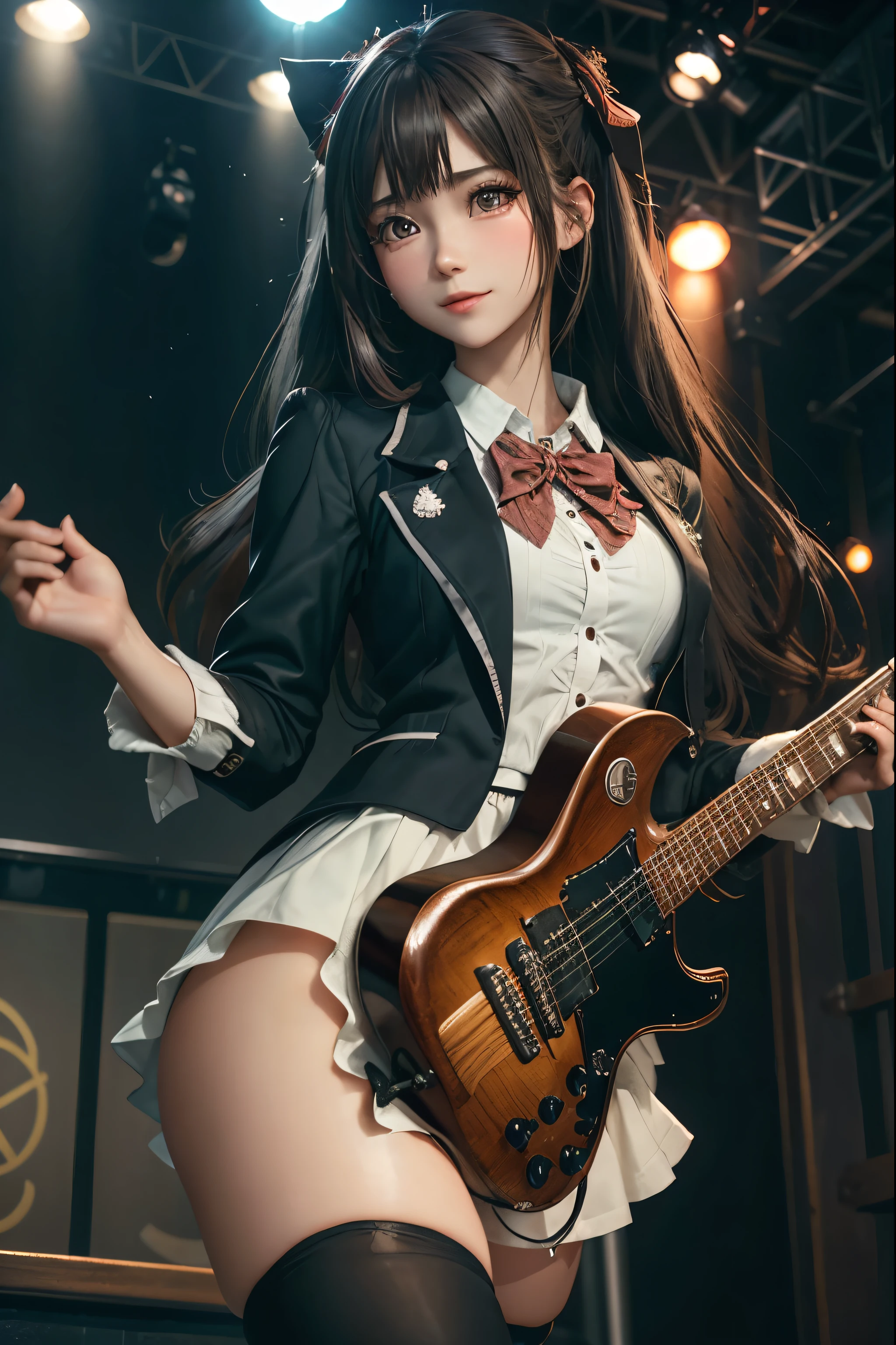 High school girl blazer、uniform、Red checked knee-length skirt、Long skirt、JK Style、Jacket、smile、Knee-high socks、Thigh-high socks、pantyhose、Extremely beautiful、Super cute、ennui、Rare Beauty、Dark black eyeshadow、sad、Skin radiance、Long Hair Straight Hair、Dark Gothic Makeup、Dark Smile、Fragrant beauty、Stained glass background、masterpiece、Highest quality、See 5 books、Sweat glistening on my chest、Sweat glistening on the face、Small breasts、2、Slightly slim、Mysterious look、Sad look、Mysterious Gothic Church、enchanting castle、Excessive sweating all over the body、Sweat dripping down thighs, shining in the light、Shiny thighs、Thighs、Sweat on thighs, shining brightly、sweat profusely、gal、Small breasts、Japanese face、Captivating look、Thin Thighs、play the guitar、I have a guitar、Enthusiastic singing、play the guitar in a band、Playing guitar chords、Background of the live music venue、Sing a song、Open your mouth、Scenery of a live music venue、Mike stand、Glamorous live stage、Dynamic Angles、Vivid straight long hair、delicate straight hair、