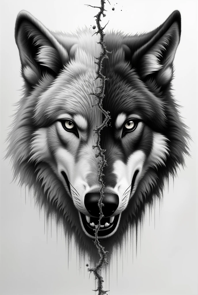 Create another black and white pointillism tattoo of a wolf face split in half and separated with a crack like broken porcelain, One part of the face is serious and the other part is growling in micro realism , separates both halves with a wide crack division