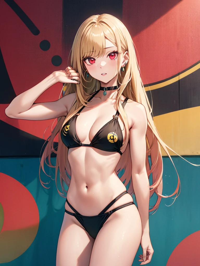 (Swimwear), Kitagawa Marine, muscle, athlete, Flat Chest, One girl, Blonde Hair, Long Hair, Multicolored Hair, Red eyes, jewelry, Earrings, Earrings, Black choker, uhd, retina, masterpiece, ccurate, anatomically correct, textured skin, super detail, high details, high quality, best quality, highres, 4K