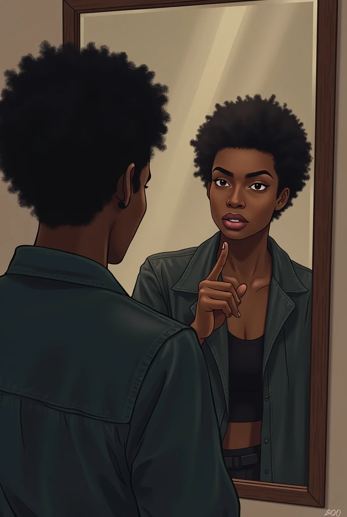 a black person pointing at the mirror