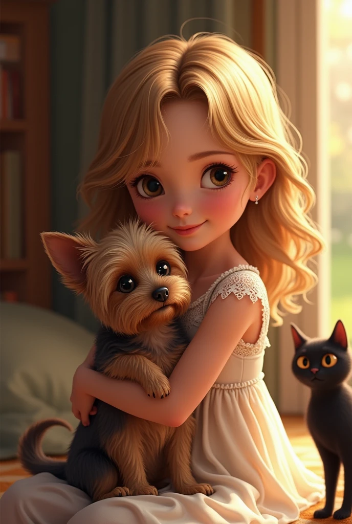 美しい 8K 高解像度のAn illustrationが、A tender moment between a young girl and her adorable Yorkshire terrier puppy。The girl has expressive light brown eyes and flowing blonde curls.、She is wearing a white lace sleeveless dress with delicate lace detailing。Her sweet smile and warm, loving expression、It conveys her love for puppies.。She holds the puppy close to her chest、I'll hold you gently。A black cat with inquisitive brown eyes and soft, fluffy fur、Gazing Outside。The puppy snuggles in the girl's arms、Relax your front legs、She tilts her head slightly、You look satisfied.。The background is in warm colors, and the green grass outside is faintly visible.、It creates an intimate and cozy atmosphere。The warm lighting casts a gentle glow on the girl and her puppy.、It highlights their characteristics and emotions.。Cinematic photography、3D Rendering、Vivid fashion、An illustration