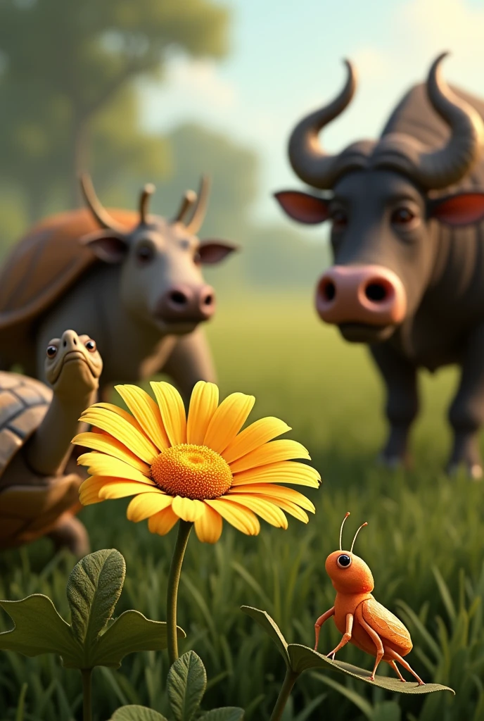 Realistic image of a daisy flower accompanied by a cicada and next to them a turtle, a buffalo and pumba (character from the lion king)