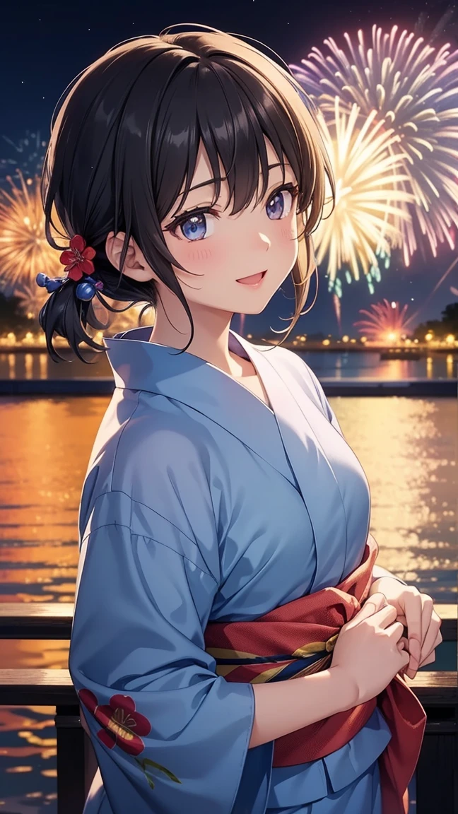1 personの,, masterpiece, Very detailed, figure, Game CG, Absurd, high quality, (1 person), (Medium chest), Beautiful attention to detail, Glossy Lips, Natural light, Blue yukata、firework、fireworkに照らされた笑顔、Night view、(Smiling close-up)、Black Hair、Shortcuts、(Backlight)