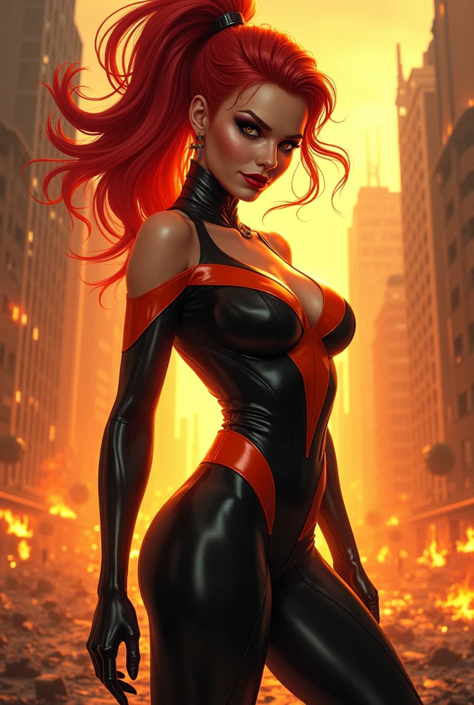 Seductive and Beautiful young woman with a soul of pure evil and hatred. Alluring ponytailed ginger supervillainess with fire blast powers. Attacking a city snd killing random people. A sinister smirk crosses her glossy lips. Skintight black and orange costume accentuate her curves.