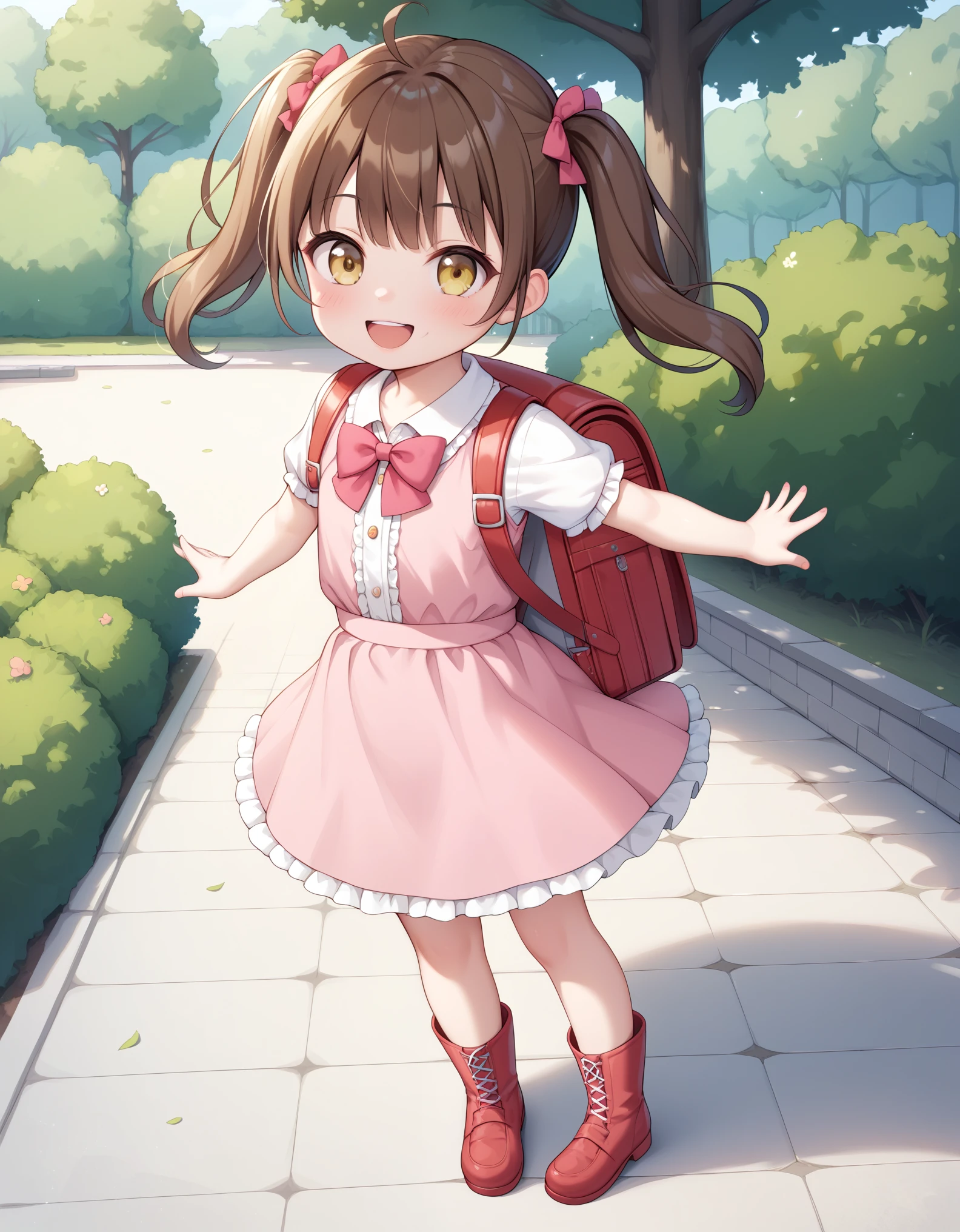 (little girl) ((cute dress)) (pink dress) (party costumes) (frilled dress) (slender body) (thin body), (brown hair) (yellow eyes) (pigtails) (white skin) happy and confident expression. full body, ((Location: park)) long hair, (children playing), short girl, long straight hair, thin legs, flat chest, flat breasts. (child playing) (happy, smile, cheerful),short sleeves, bowtie, wearing red backpack, school backpack, square backpack, wearing red boots, standing, outdoor, park