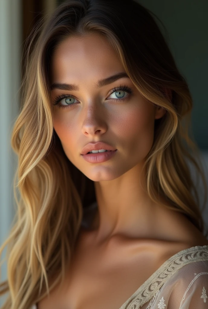 Jeune fille/18 ans/séduisante/cheveux racine brune et longueure blonde/yeux de biche/levre pulpeuse/maquillage naturel/origine espanol/bresilien/cheveux souple et lisse/grands cils/yeux bleu claire/nez fin et un peu pointu/regarde de fille minione/petit front/mâchoire légèrement dessiné/petite oreil/surciles fournie mais pas trop/pommette sayente/un Melange de Valentina Zenere de Natalie portman de Adriana Lima de Lea Halton et Megan Fox/top model de mode/joue rose/légèrement maquillé/masquara/type influanceuse/ressentie de l'age /corp skinny/ grosse poitrine