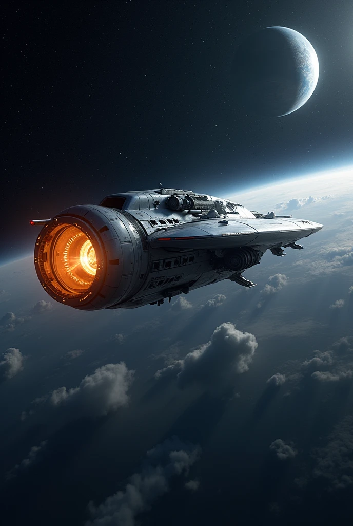 The image depicts a futuristic spacecraft propelled by a glowing cylindrical engine, soaring through a starlit cosmos with a distant planet visible.